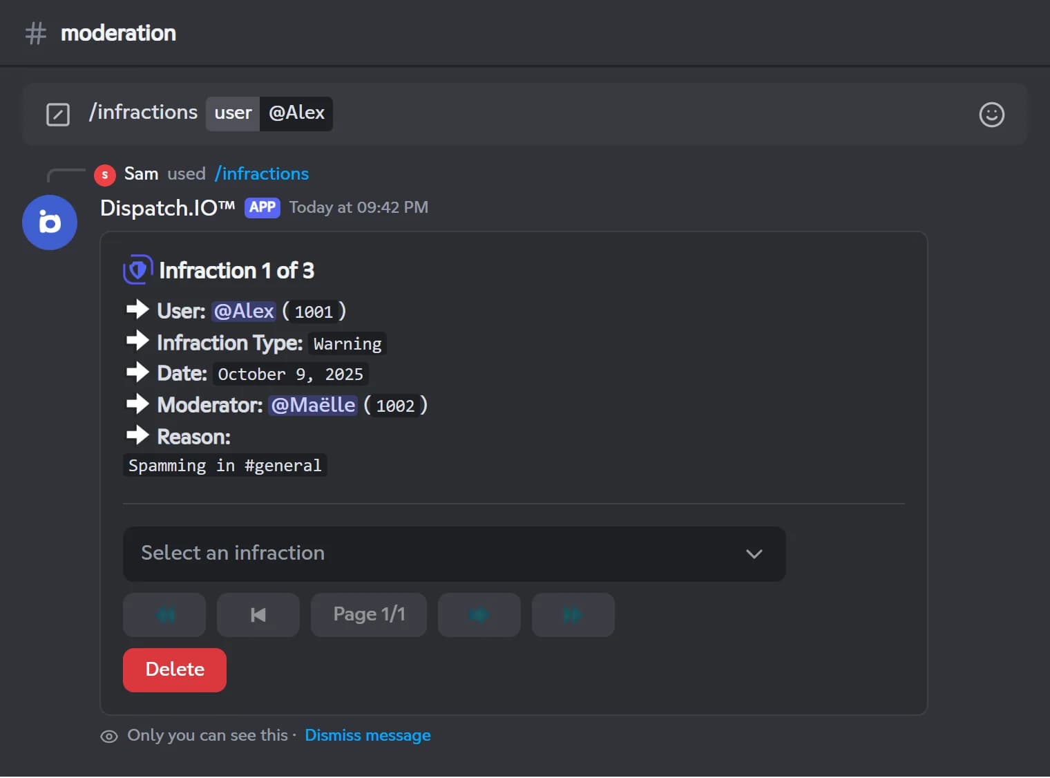 /infractions response showing a member's first infraction out of 3, with the selection menu and the Delete button