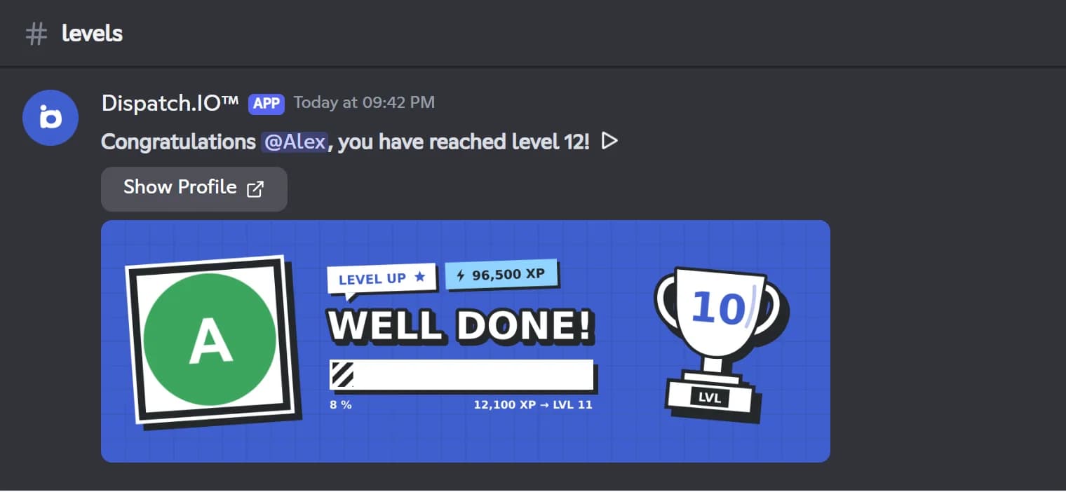 Dispatch.IO level-up announcement in a Discord channel, with the member's level card