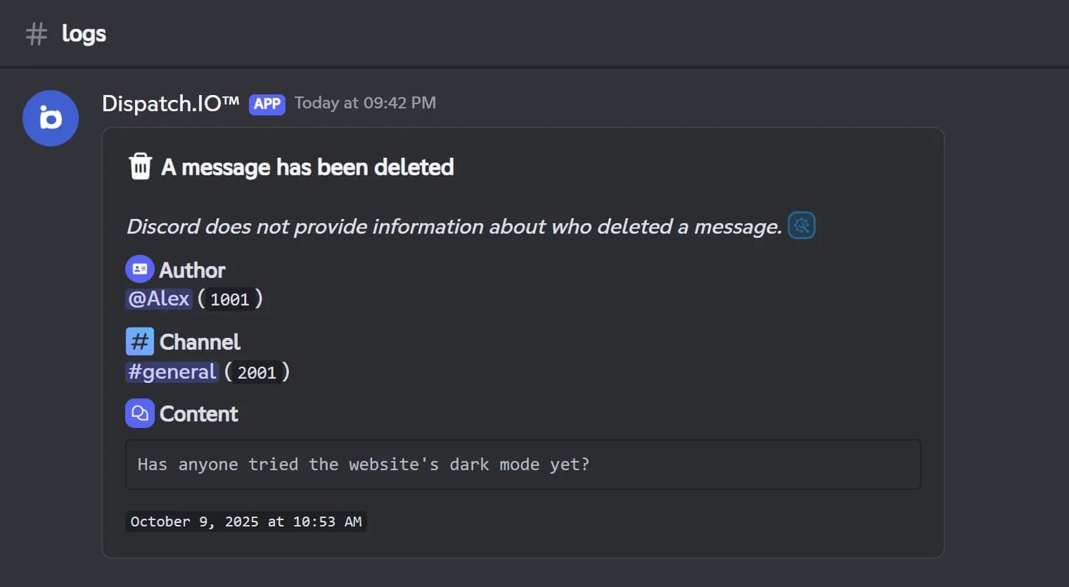 Dispatch.IO deleted message log showing the author, the channel and the message text