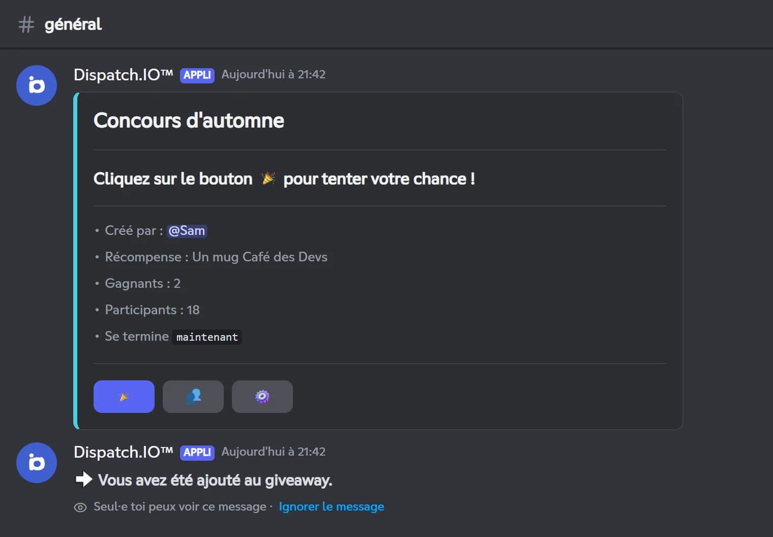 Giveaway publié par Dispatch.IO dans un salon Discord, avec ses boutons de participation, de liste et de gestion