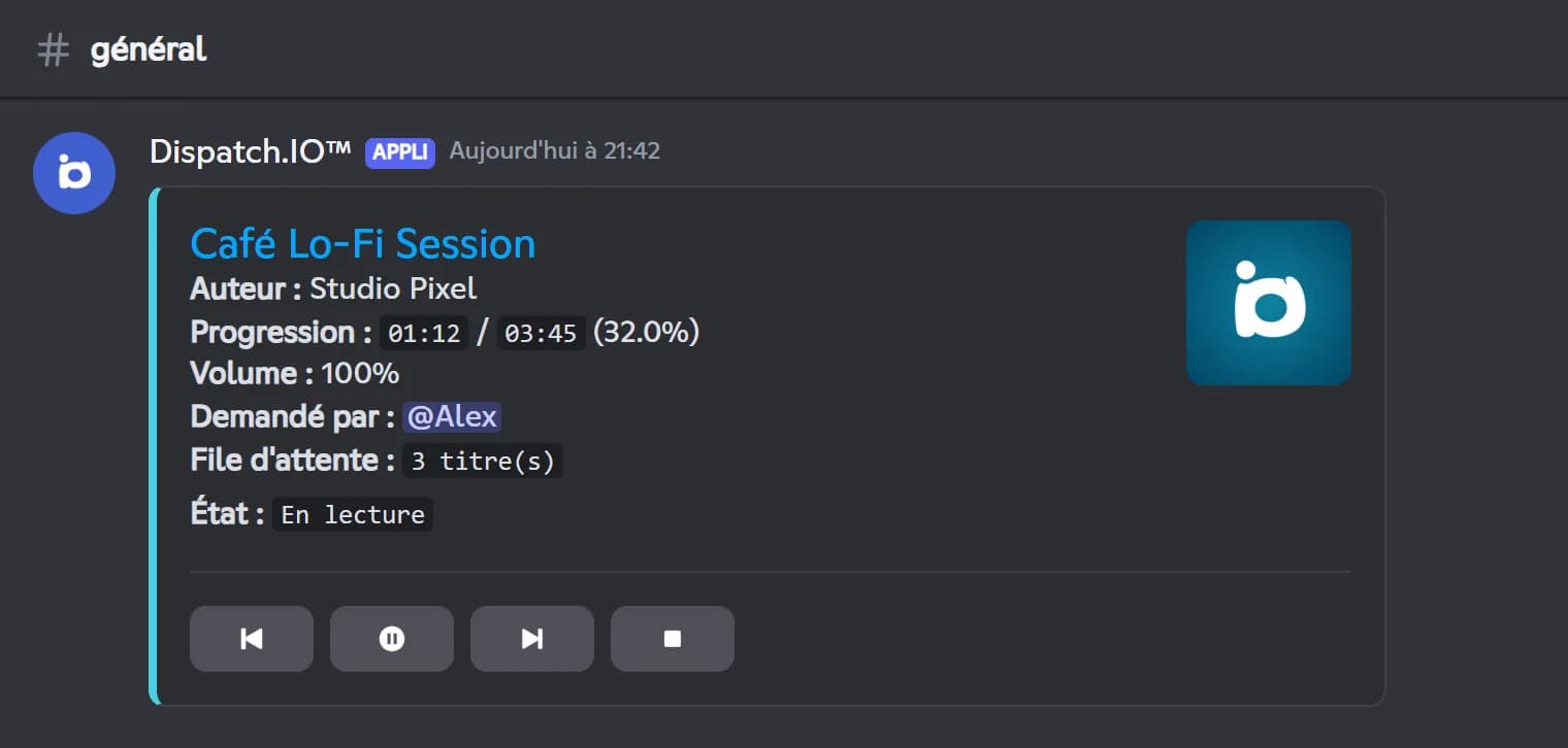 Message du lecteur de musique de Dispatch.IO avec le titre, la progression, le volume, la file d'attente et quatre boutons