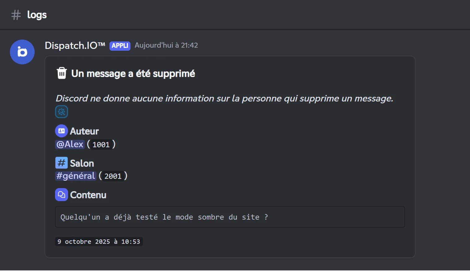 Journal d'un message supprimé par Dispatch.IO avec l'auteur, le salon et le texte du message