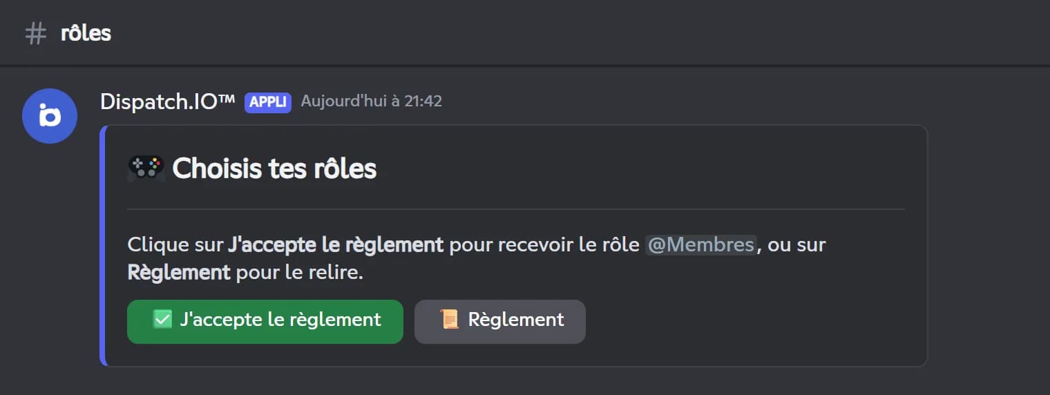 Panneau de rôles Dispatch.IO dans un conteneur, avec un bouton de rôle et un bouton de réponse