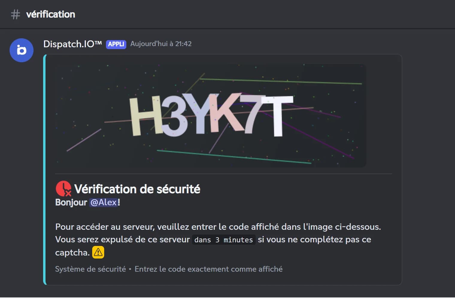 Message de captcha publié par Dispatch.IO à l'arrivée d'un membre, avec le code à recopier et le délai de 3 minutes