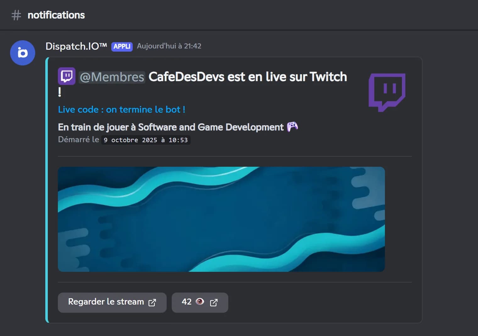 Annonce d'un live Twitch par Dispatch.IO avec le jeu, l'heure de début, l'aperçu et le nombre de spectateurs