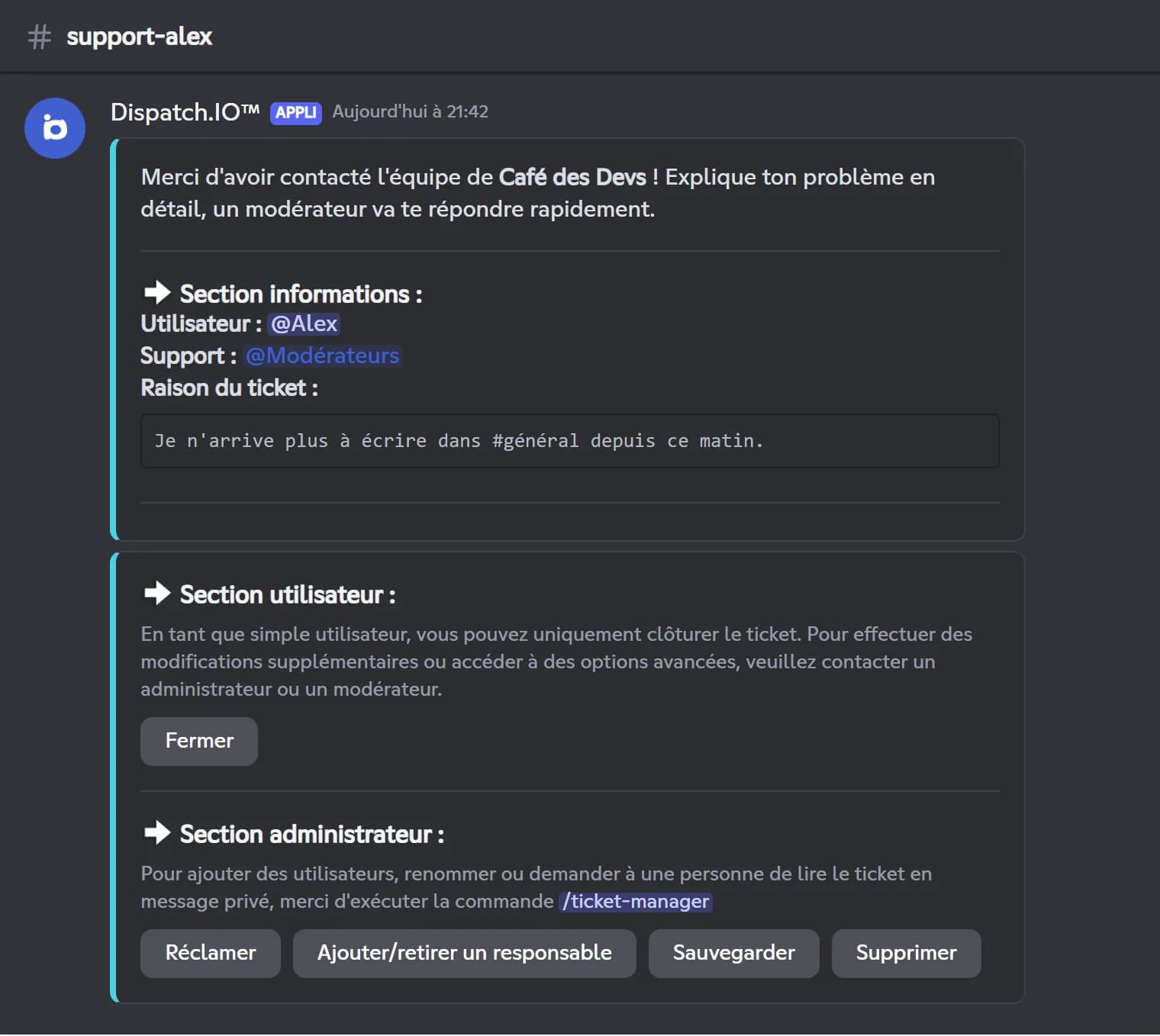 Message d'ouverture du ticket support-alex avec ses sections informations, utilisateur et administrateur