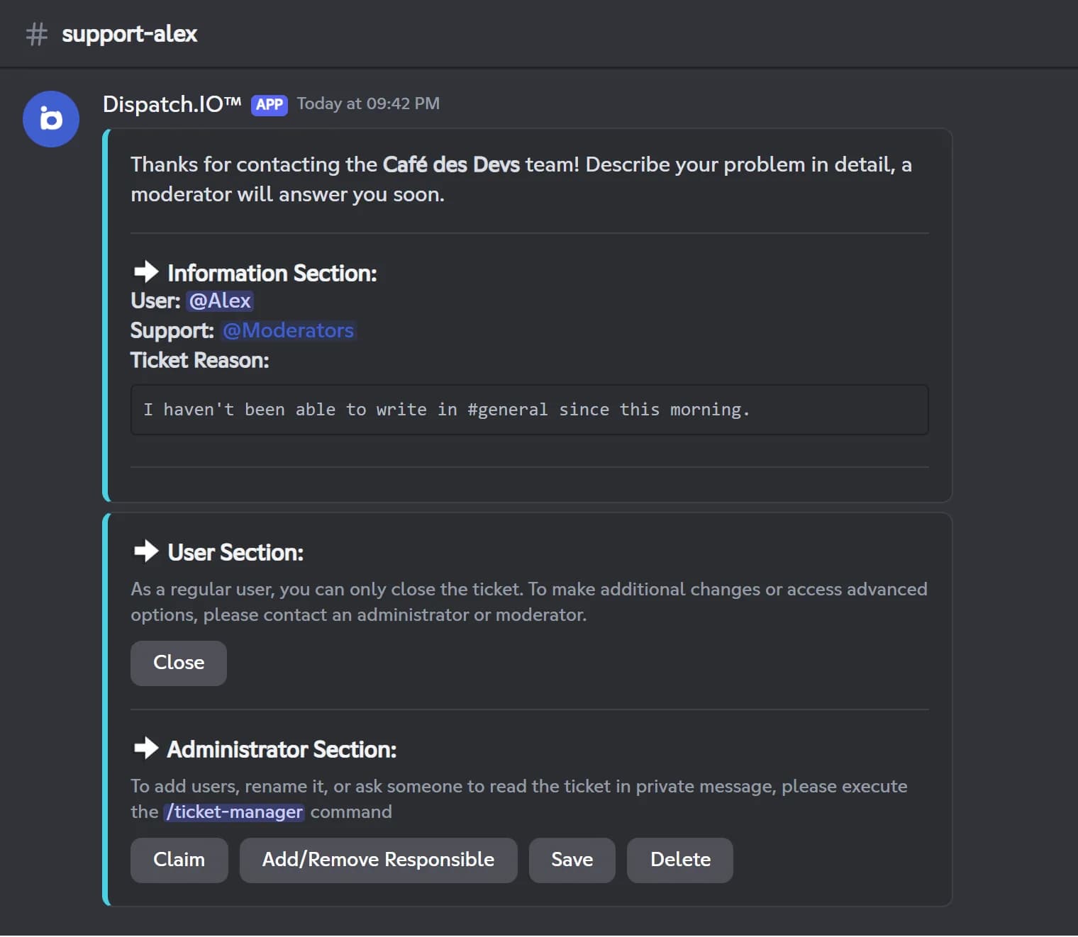 Opening message of the support-alex ticket with its information, user and administrator sections