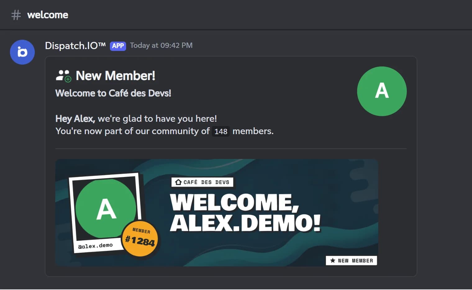Default Dispatch.IO welcome message in a Discord channel, with the welcome card of a new member