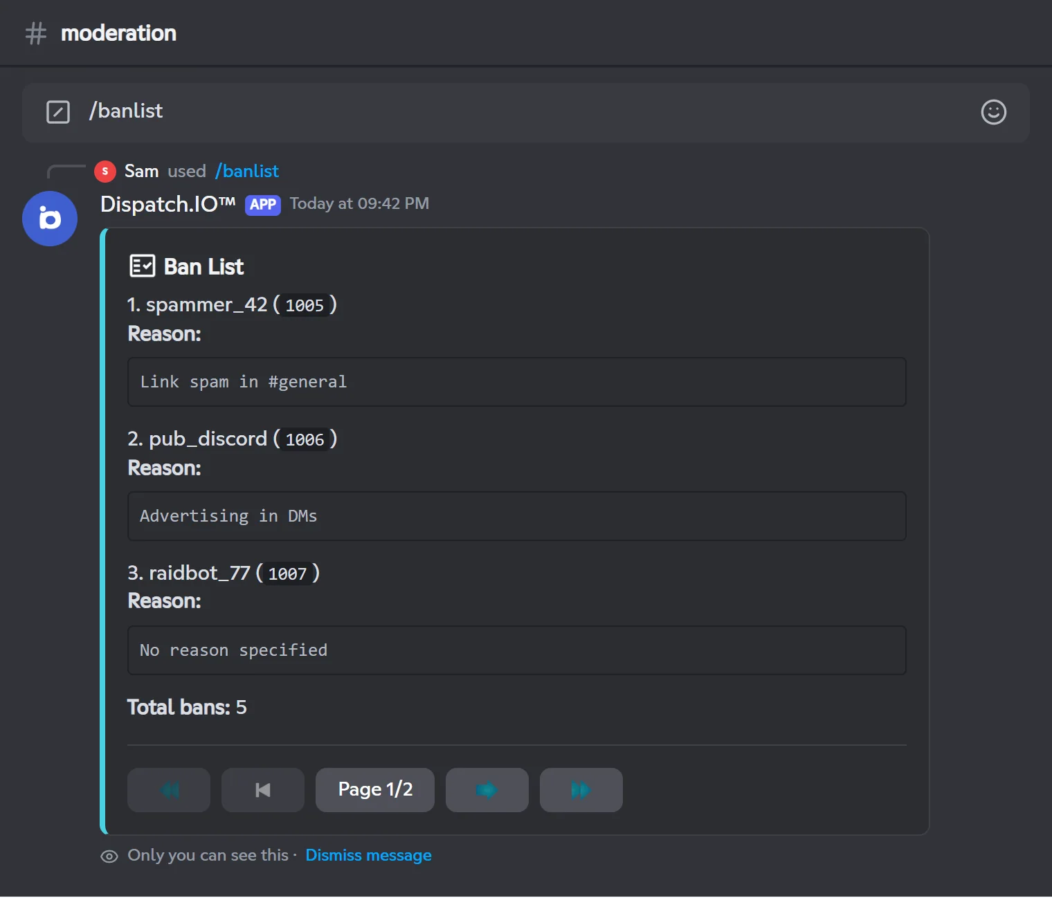 Ban list shown by /banlist, page 1 of 2