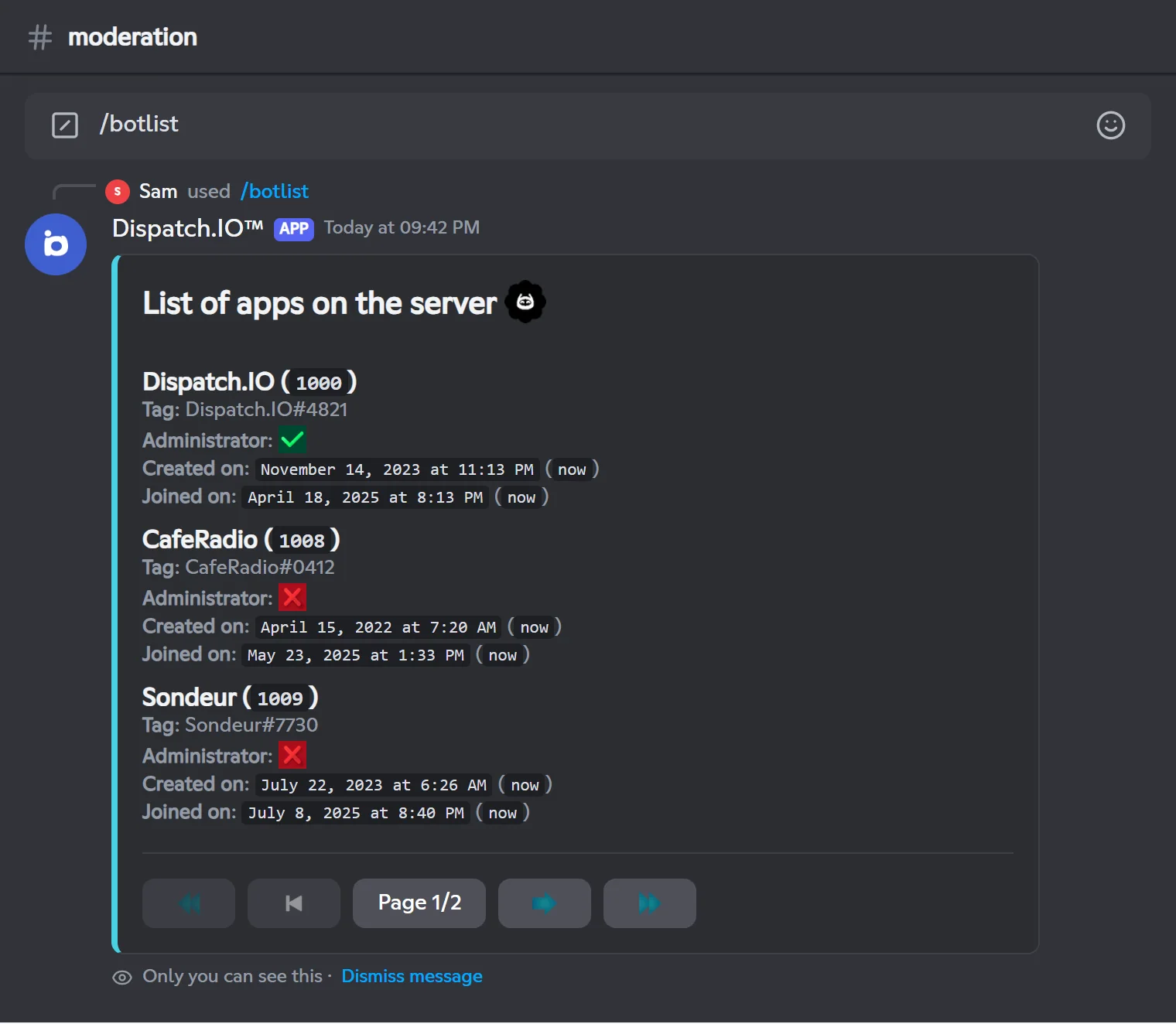 List of the apps on the Café des Devs server shown by /botlist
