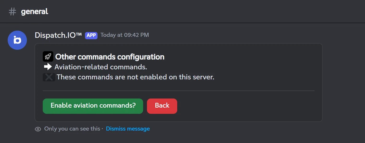 Other commands screen of /config with the Enable aviation commands button