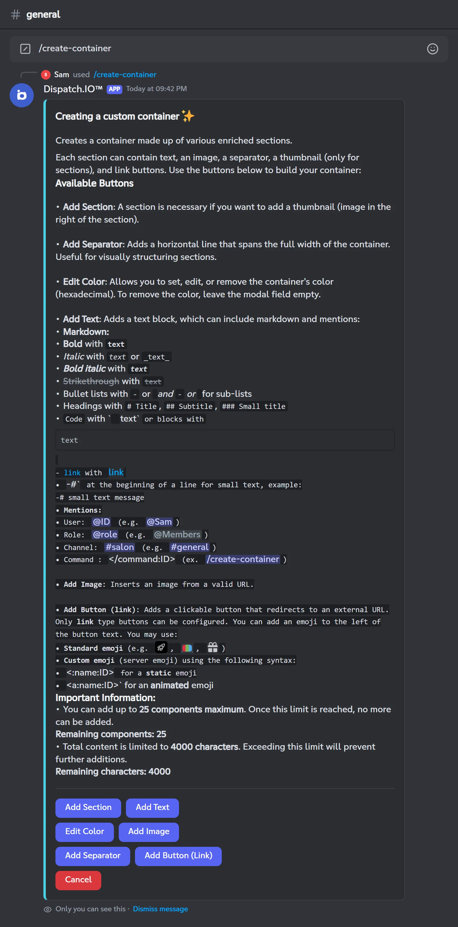 Empty /create-container builder with the instructions and buttons