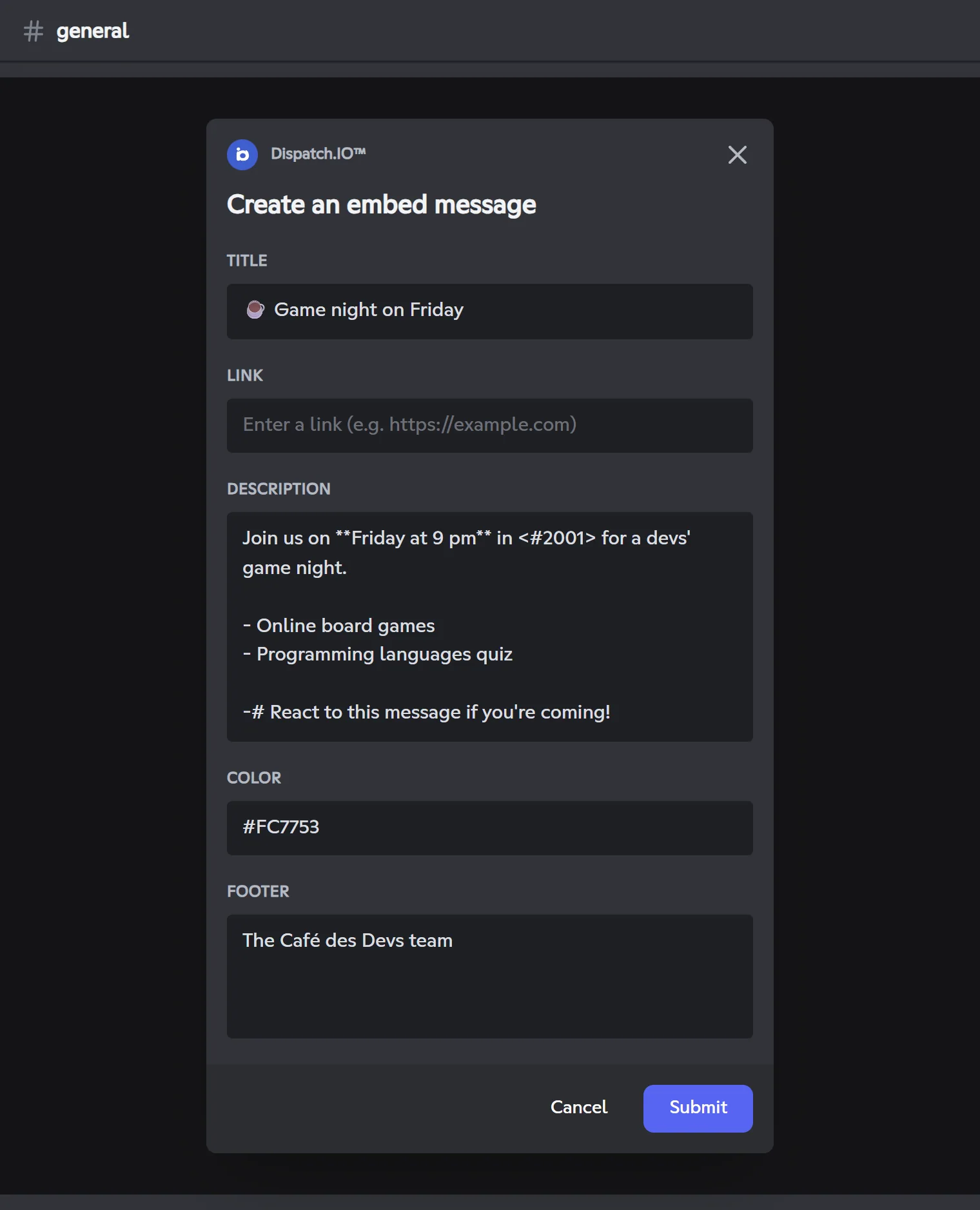 /create-embed input window