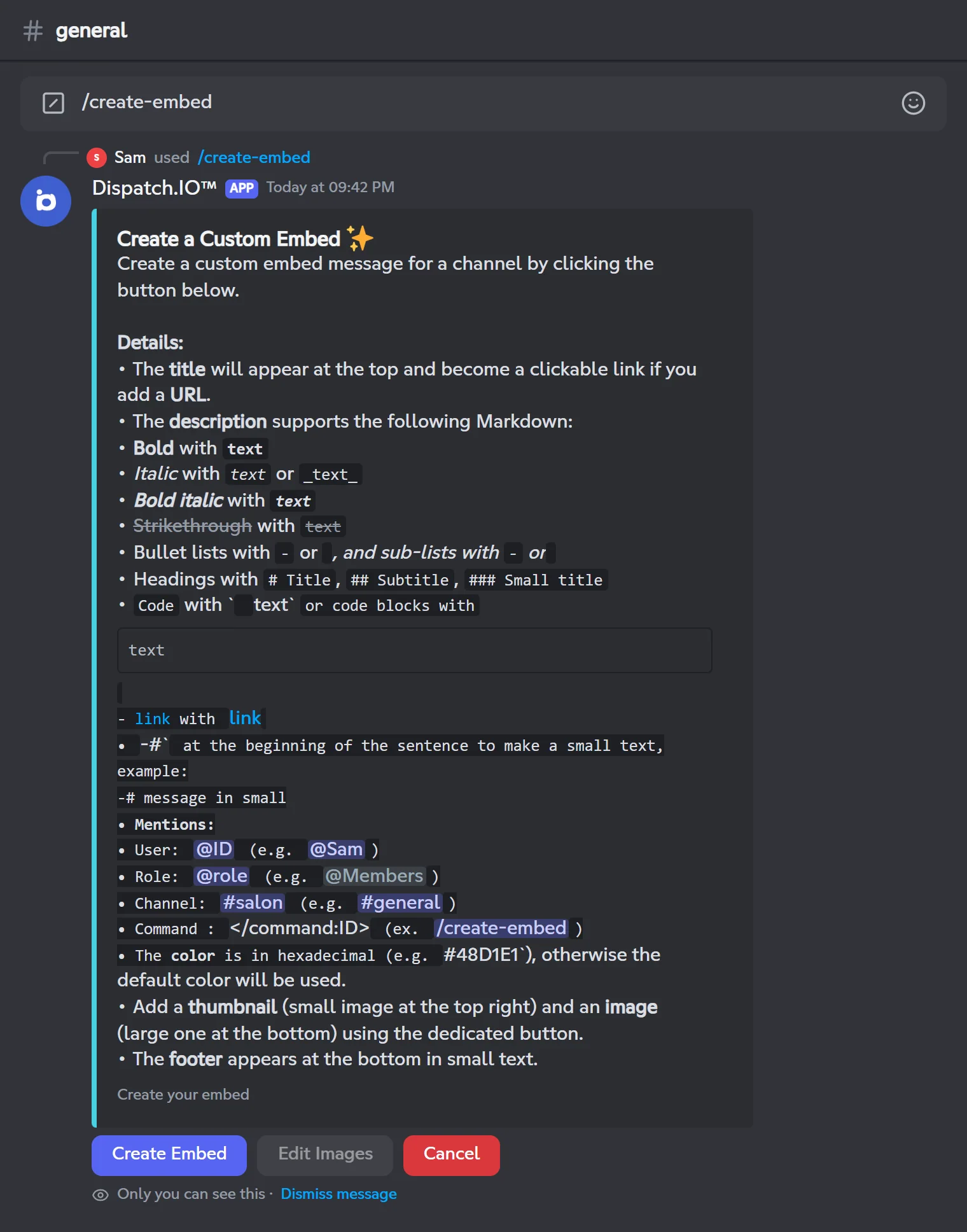First /create-embed screen with the instructions