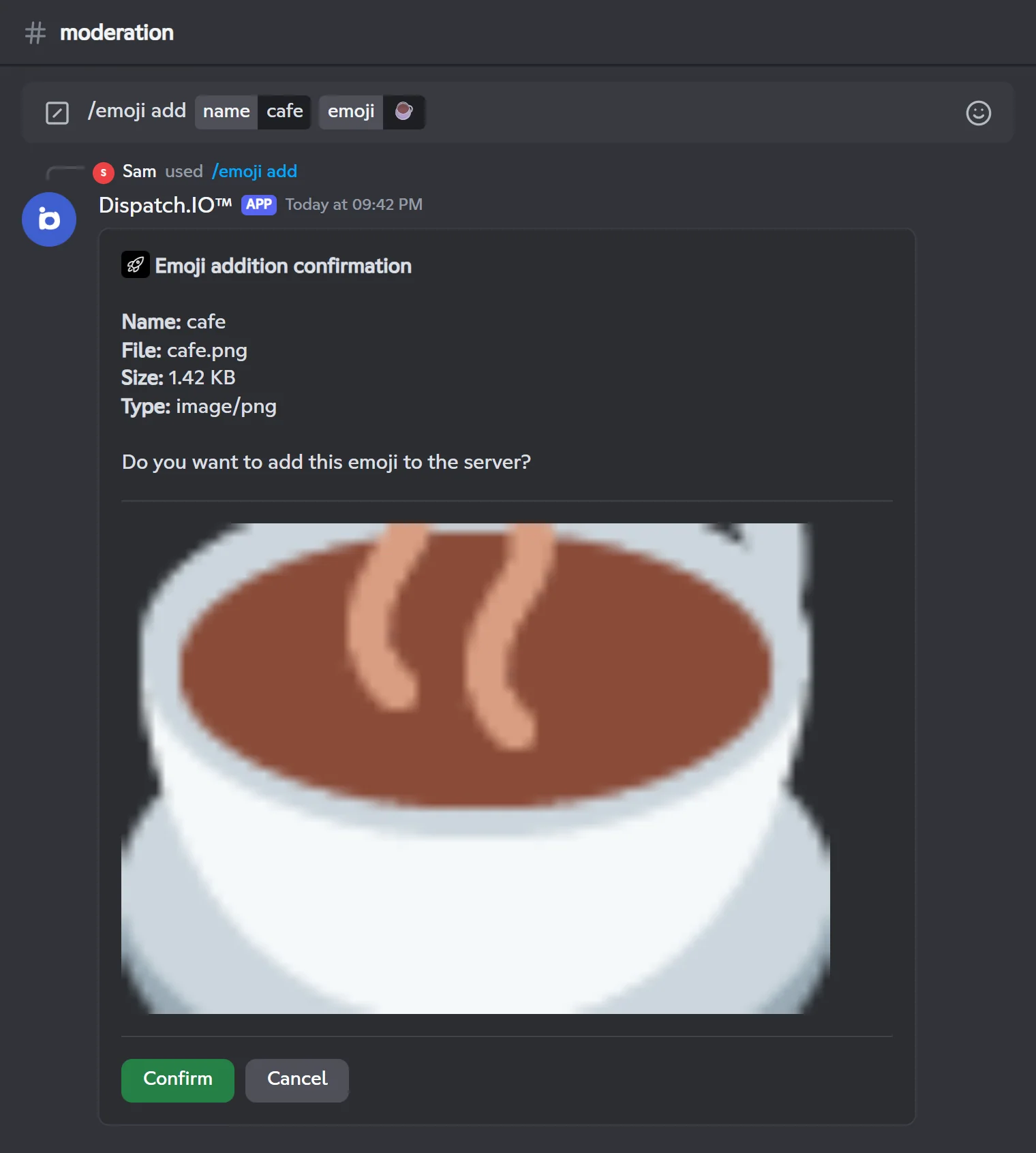 /emoji add confirmation before adding the cafe emoji