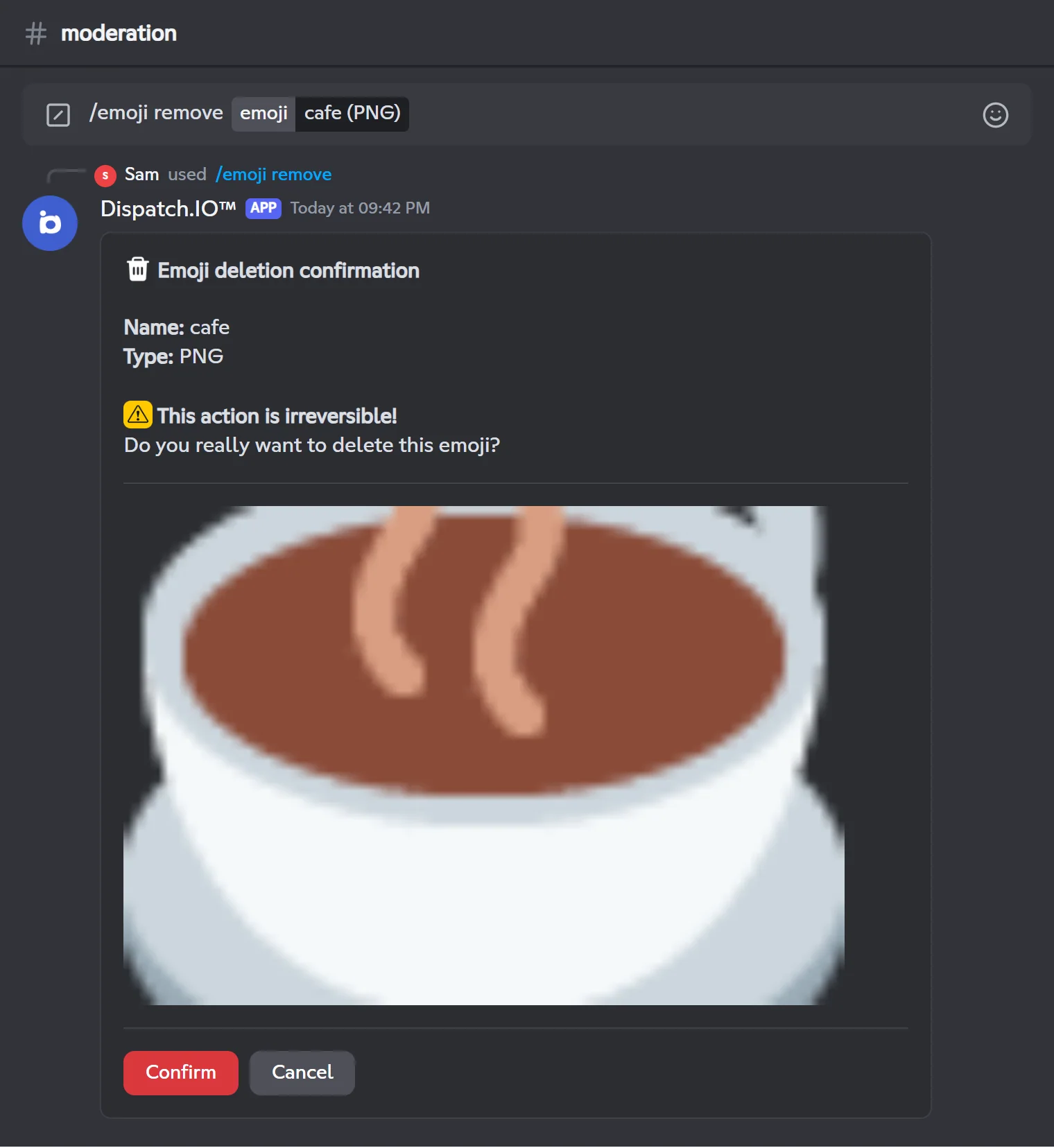 Confirmation before removing the cafe emoji