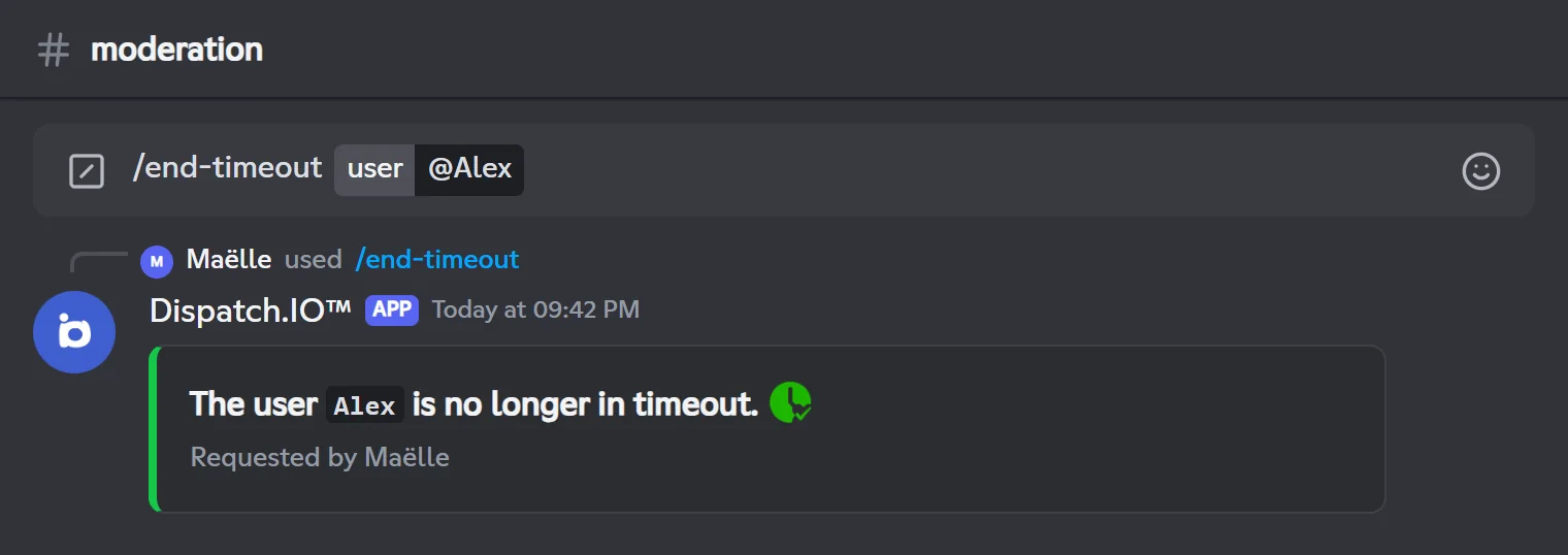 /end-timeout reply: Alex is no longer in timeout
