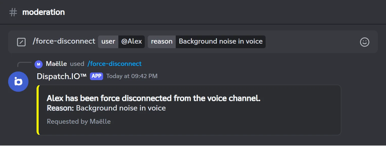 /force-disconnect reply: Alex has been force disconnected from the voice channel