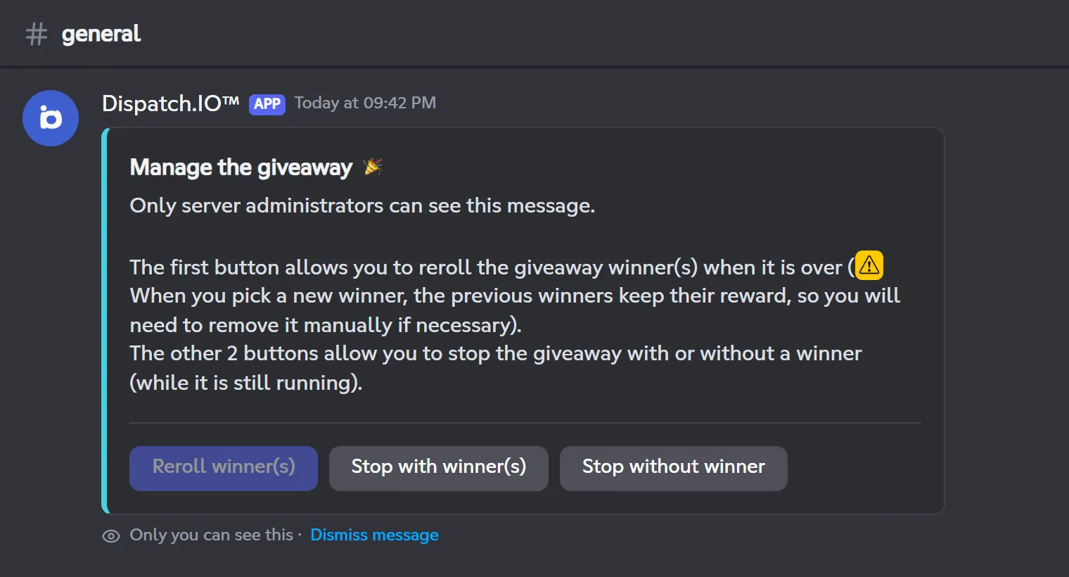 Management panel of a running giveaway
