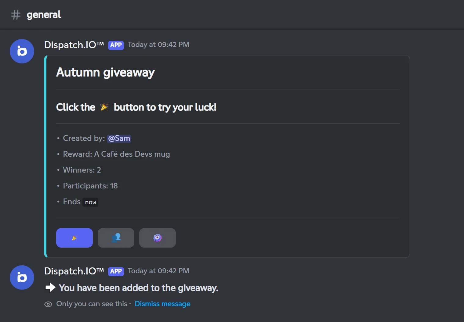 Published giveaway with its three buttons