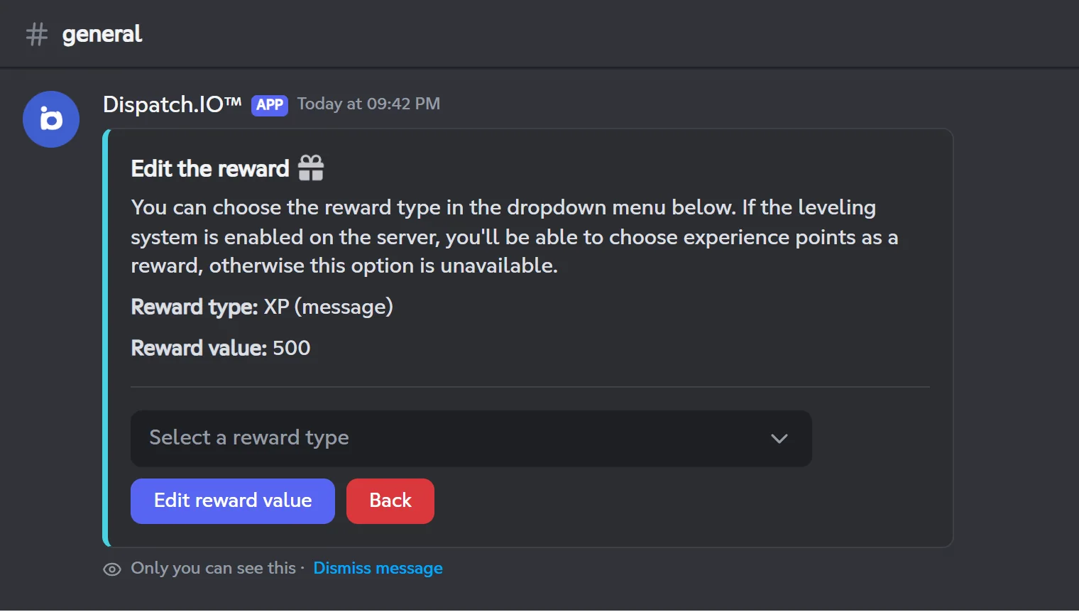 Edit the reward screen with the XP (message) type and a value of 500
