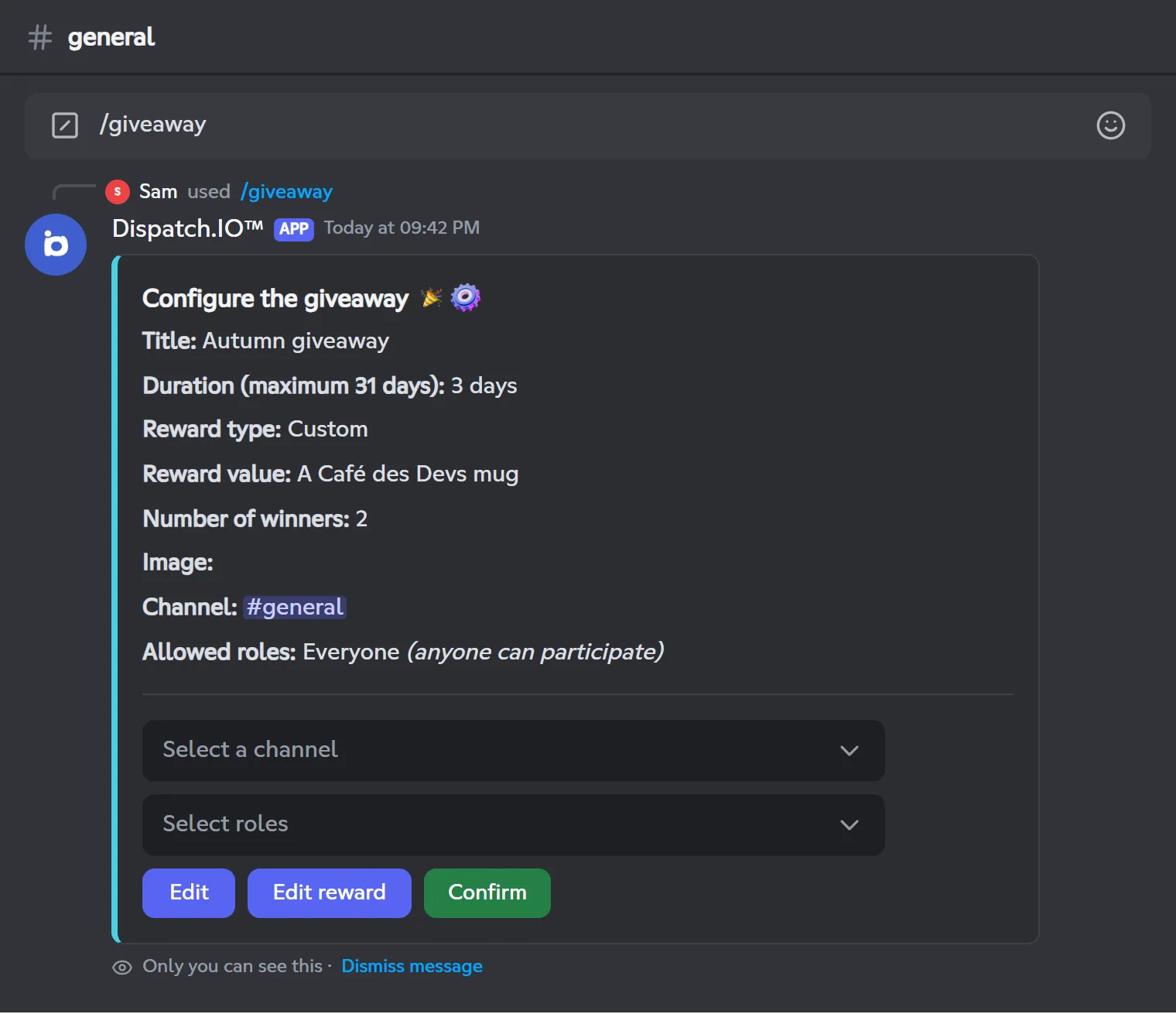 The filled-in /giveaway panel: 3 days, custom reward, 2 winners