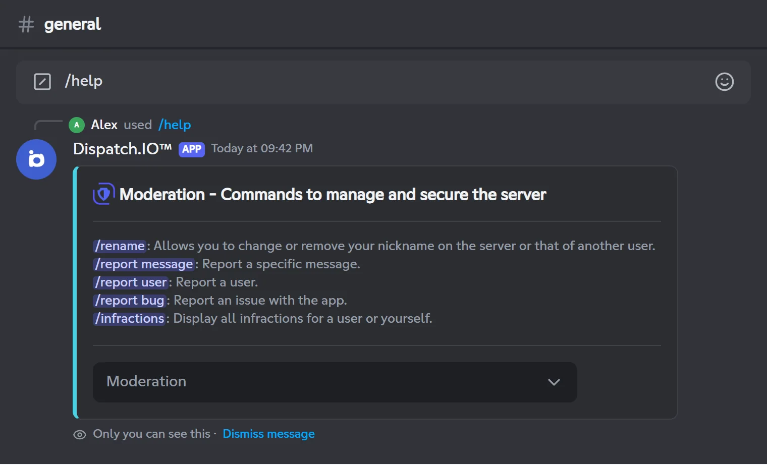 Moderation category of /help for a member with no special permission