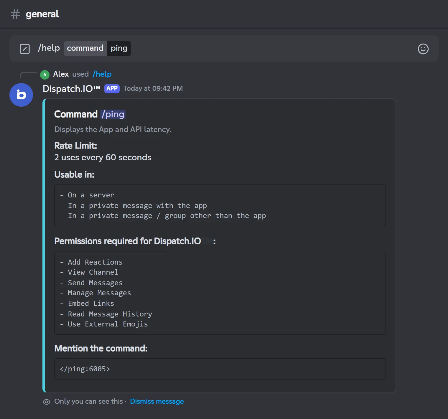 Detail card of /ping shown by /help command:ping