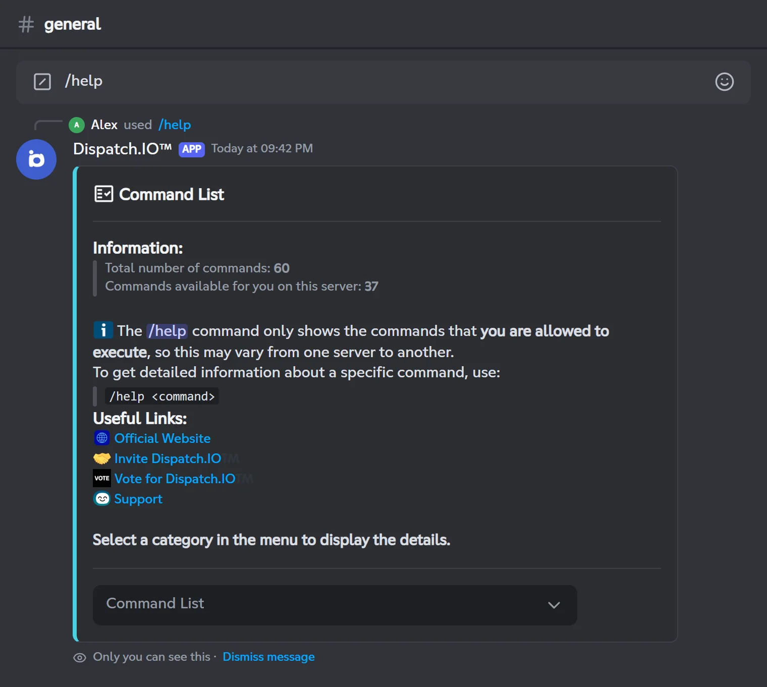 /help: the starting point to find a command. Home page of /help with the category menu