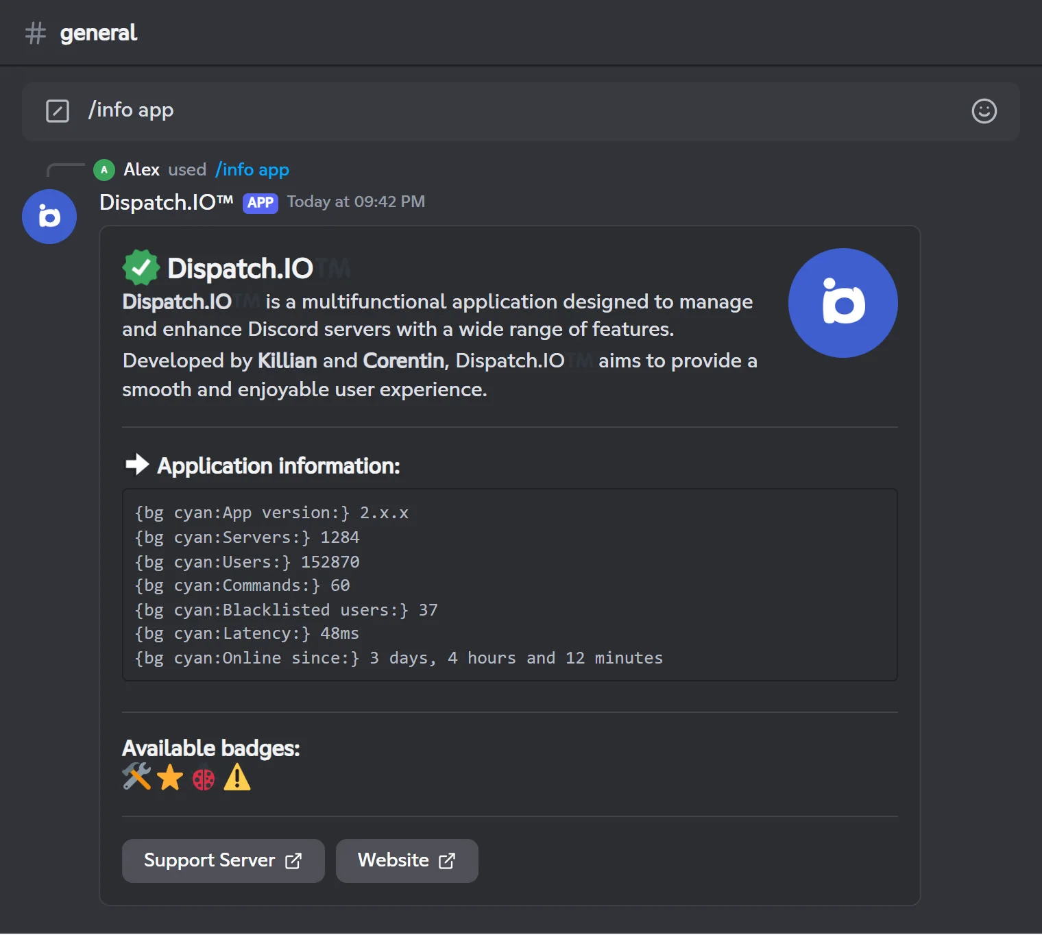 /info app reply: bot introduction, statistics and available badges