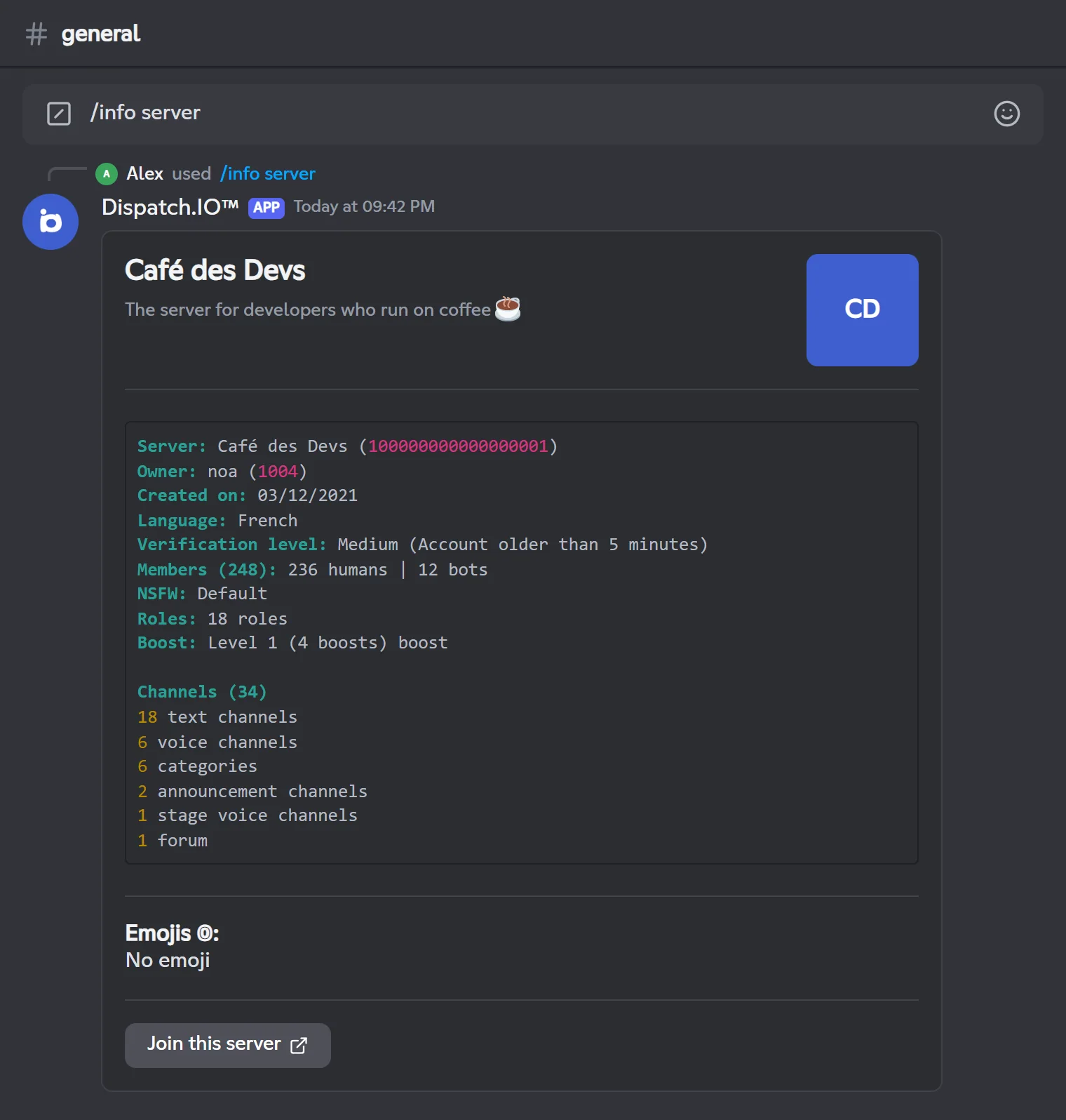 /info server reply for the Café des Devs server