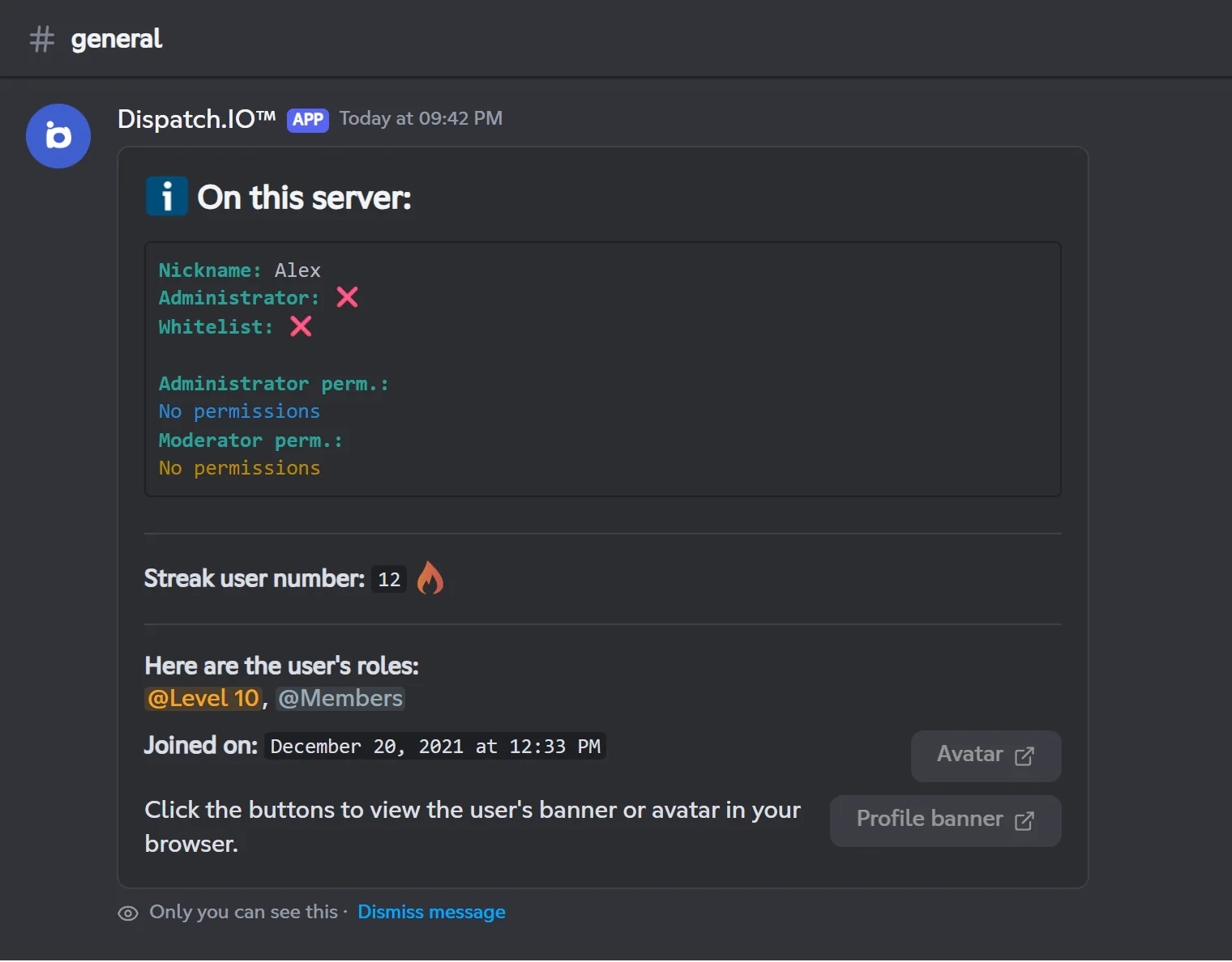 Private reply of the On this server button for Alex