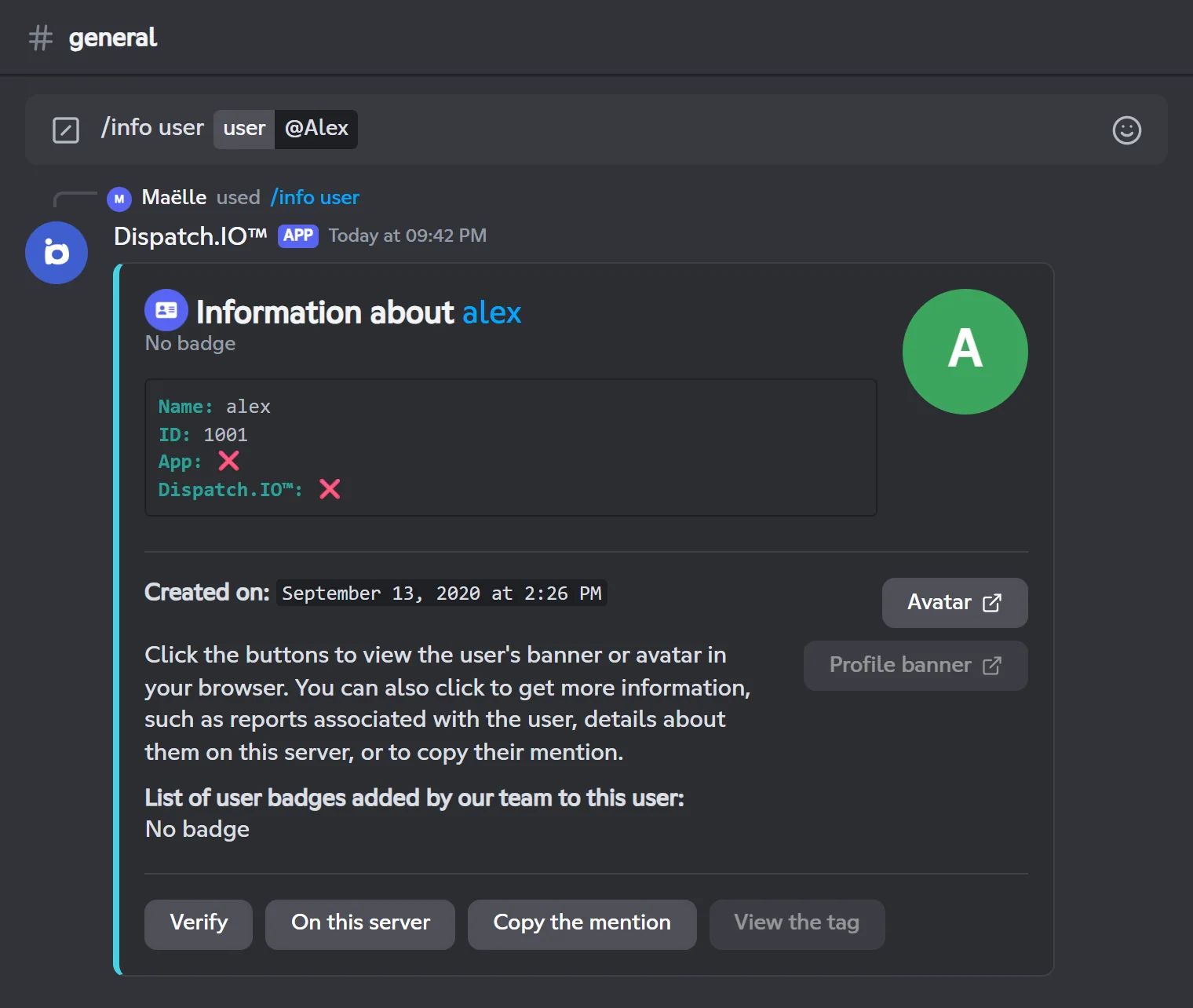 /info user reply for Alex with the Verify, On this server, Copy the mention and View the tag buttons