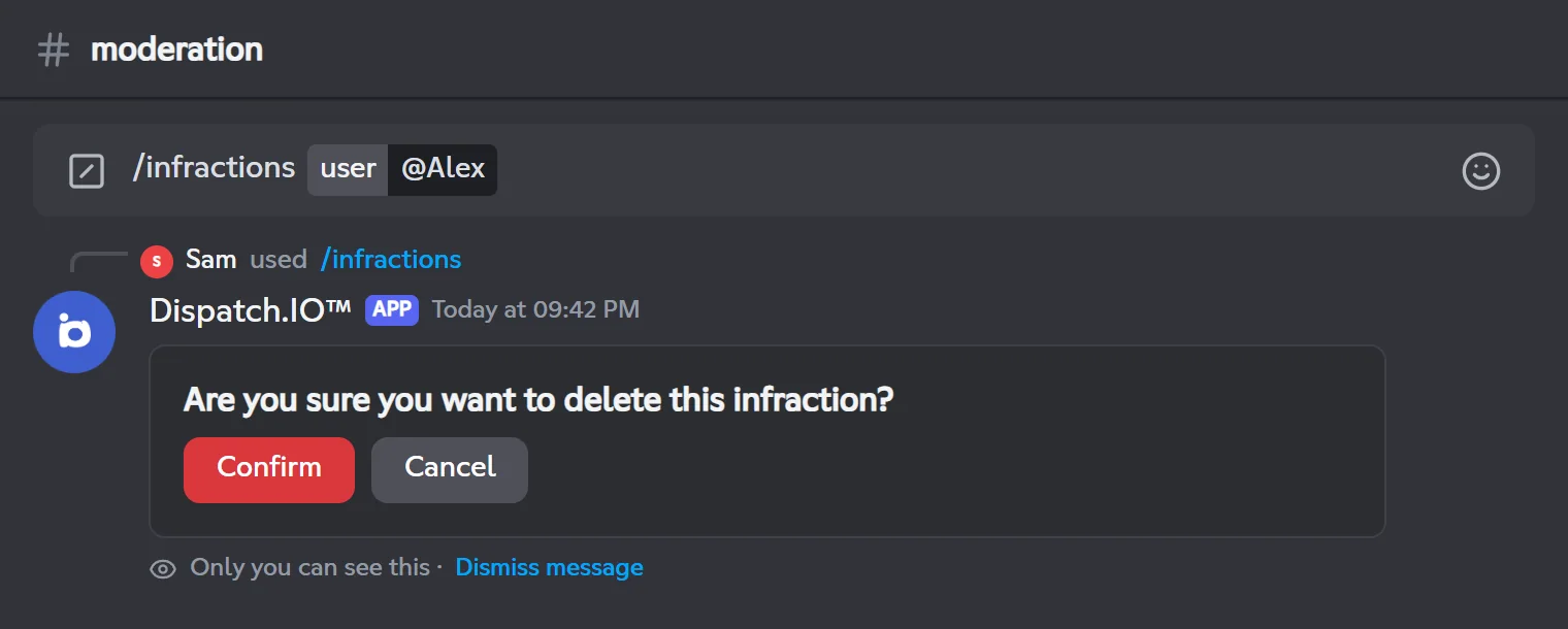 Confirmation request before deleting an infraction
