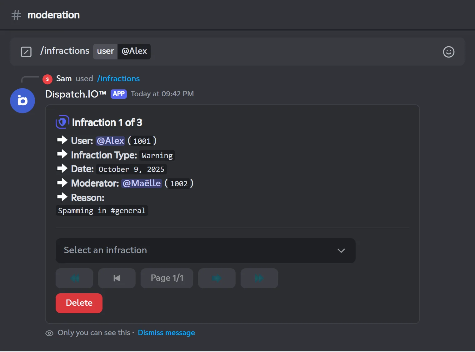 /infractions reply: Alex's first infraction out of 3, with the menu and the Delete button
