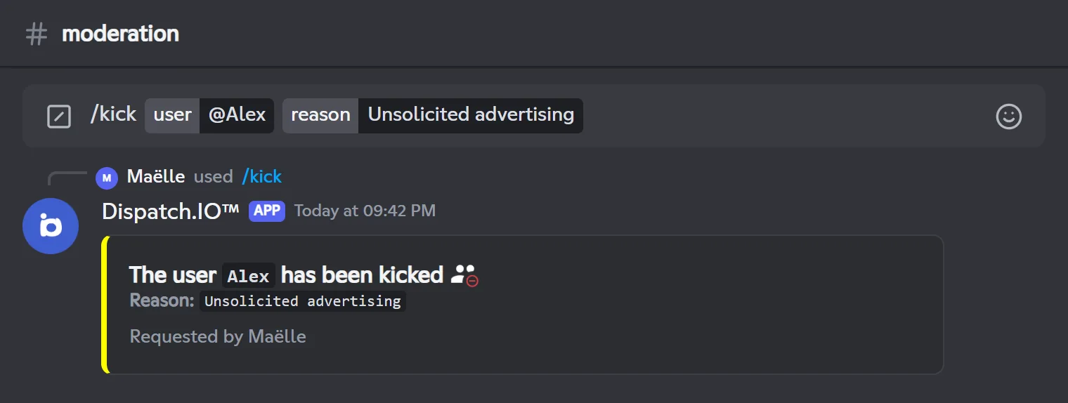 /kick reply: Alex has been kicked