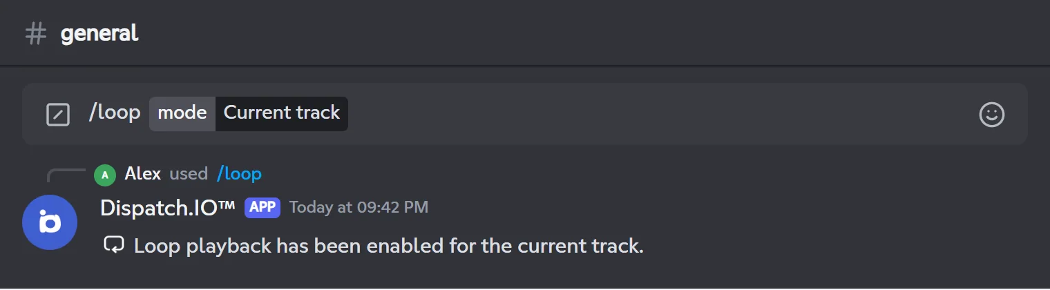 /loop reply: loop playback enabled for the current track