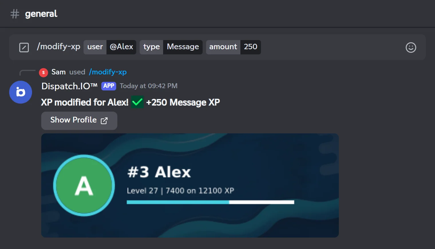 /modify-xp reply: "XP modified for Alex! +250 Message XP" with the new level card