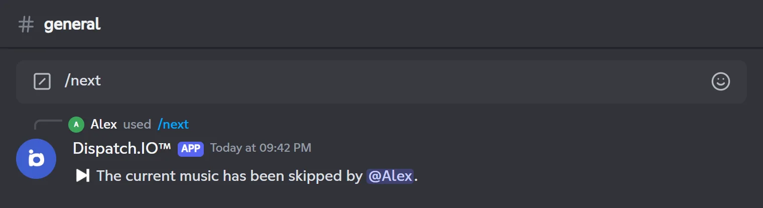 /next reply: the current music has been skipped by Alex