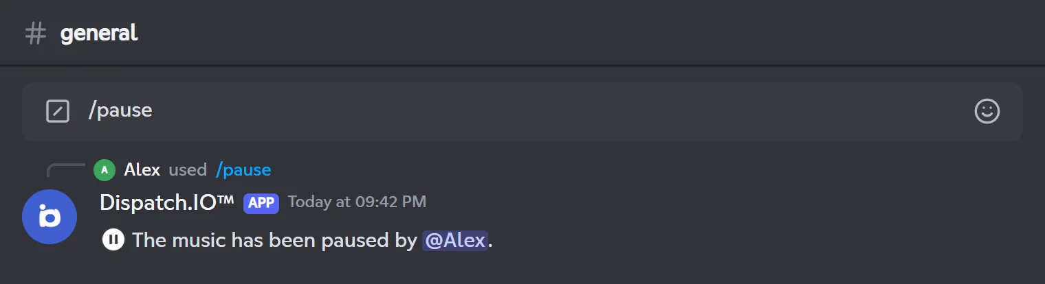 /pause reply: the music has been paused by Alex