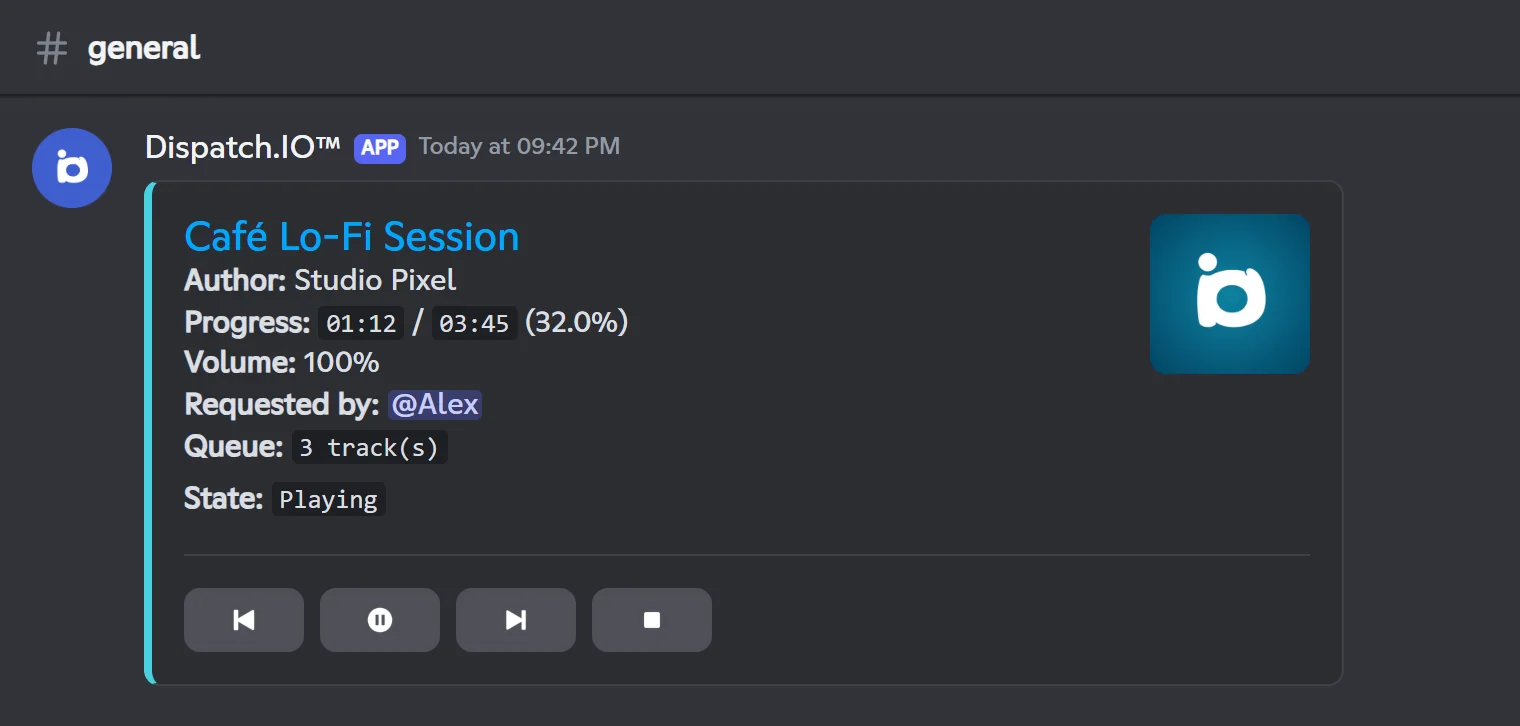 The player message: title, progress, volume, queue and control buttons. Dispatch.IO music player message with its four buttons