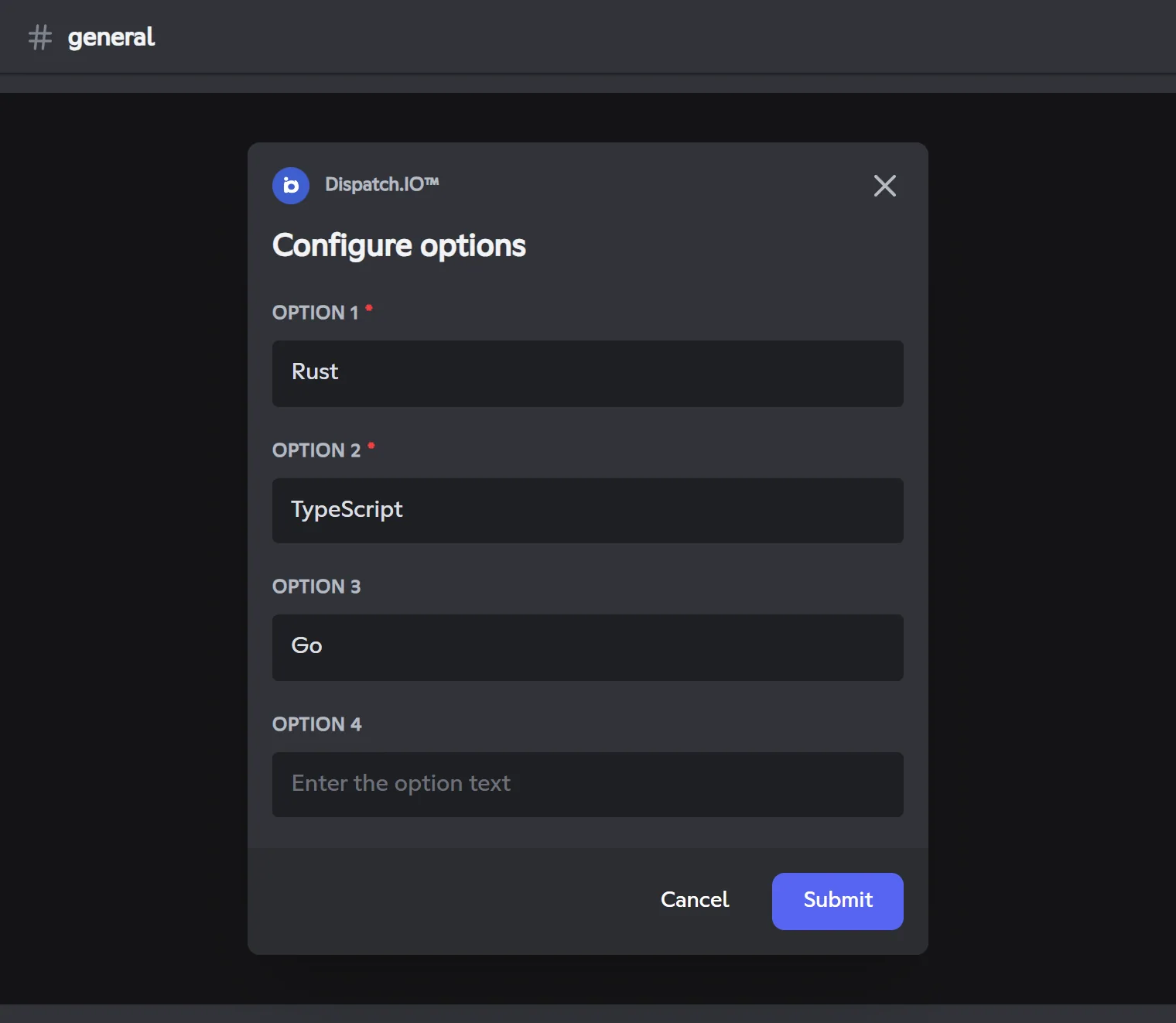 Configure options window with three choices filled in
