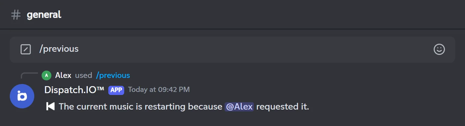 /previous reply: the current music is restarting at Alex's request