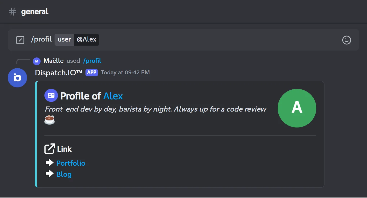 /profil reply for Alex with his description and two links