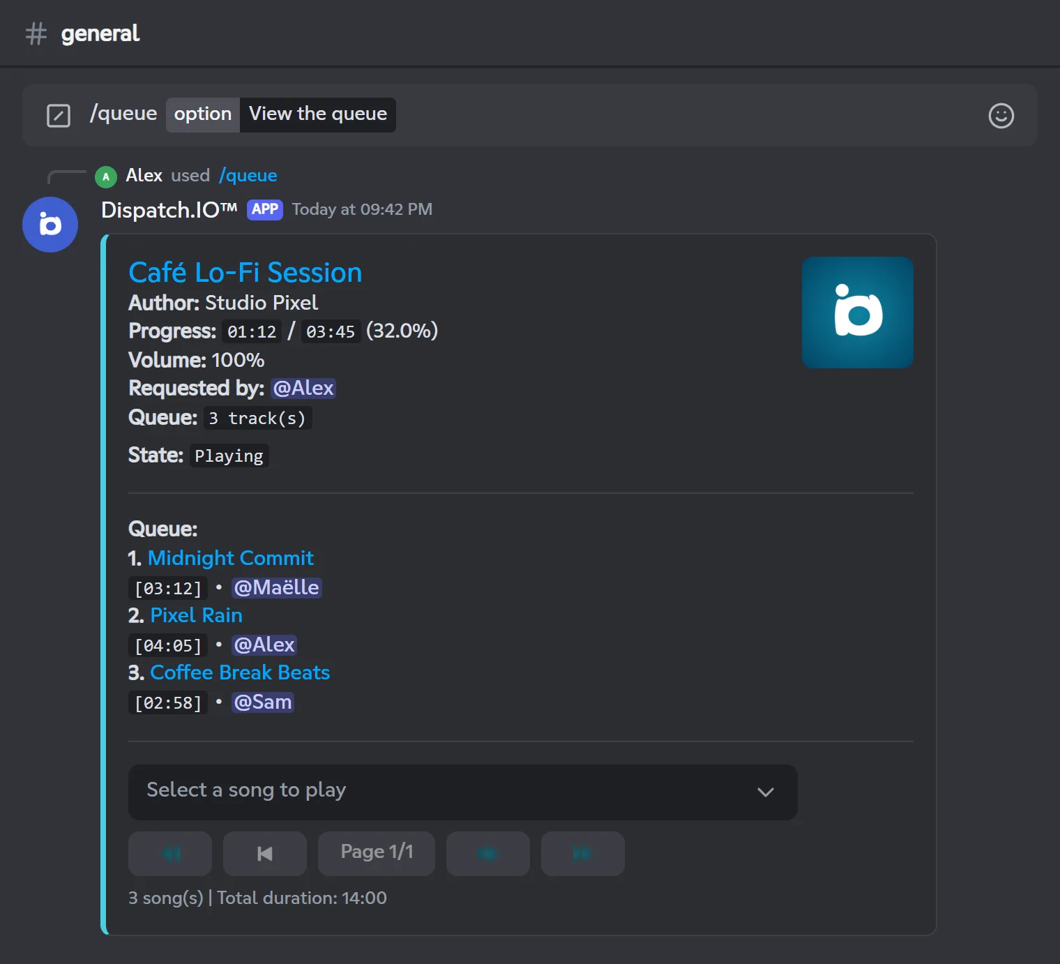 The queue: current track, waiting tracks, menu to jump to a track and total duration. /queue reply listing the waiting tracks