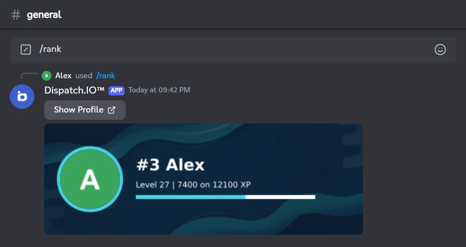 /rank reply: Alex's level card and the Show Profile button