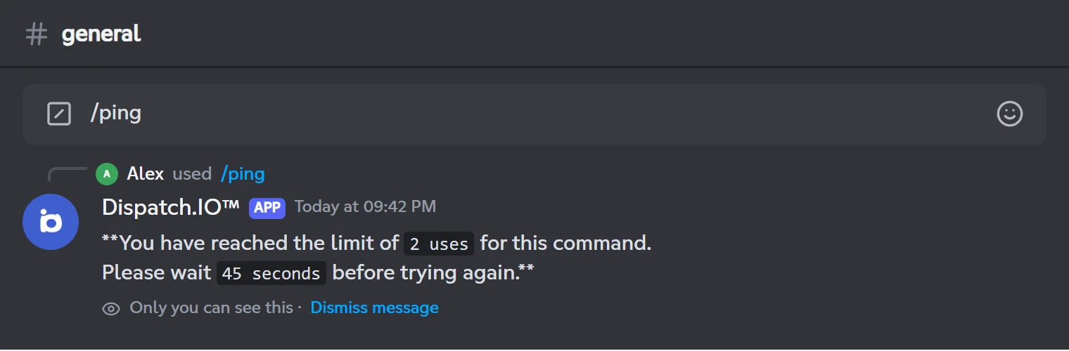 Limit reached: the bot tells you how long to wait. Private bot message saying the /ping usage limit has been reached