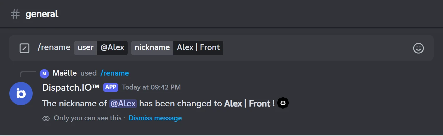 Private reply of /rename after Maëlle renamed Alex
