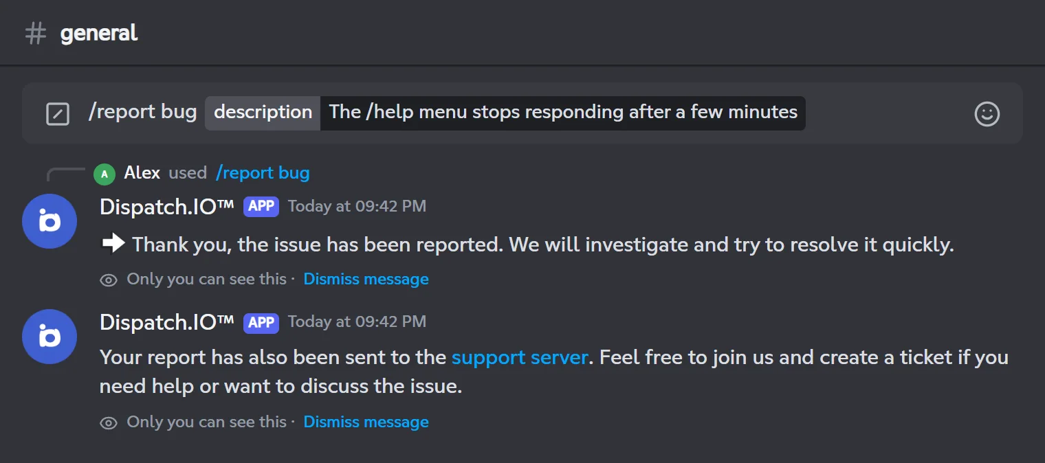 Private replies of /report bug
