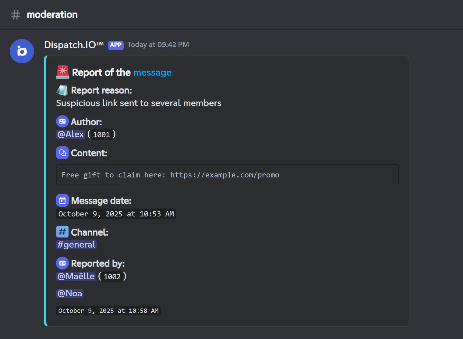 Report of a message from Alex posted in the sanction log channel